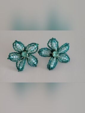 Anthropologie Teal Floral Beaded Statement Earrings